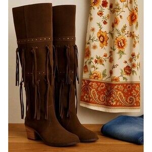 Anthropologie Mojo Moxy “Frilled” Brown Fringe Knee-High Boots 8.5 Boho Western